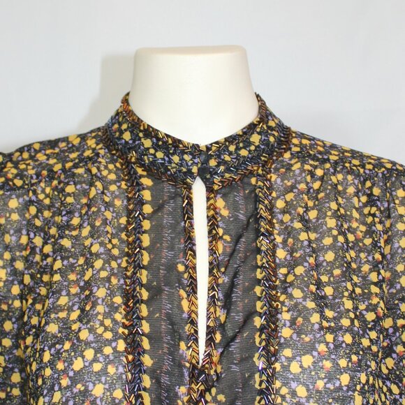 Free People Women's  Floral Beaded Embellished Peplum Blouse Black Yellow XS/TP - Picture 3 of 8